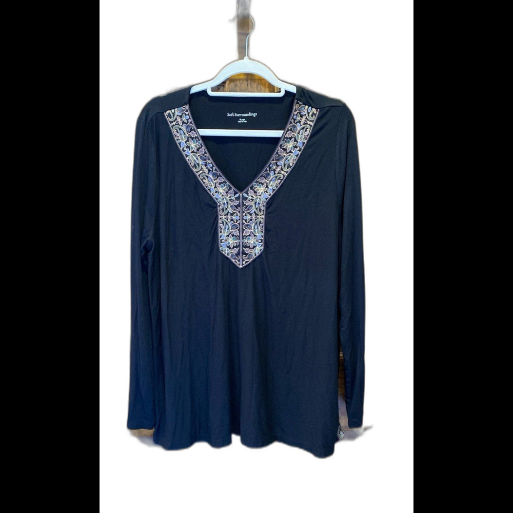 Soft Surround Blouse Plus Size XL Top Black V Neck +Stretch Casual Comfortable‎